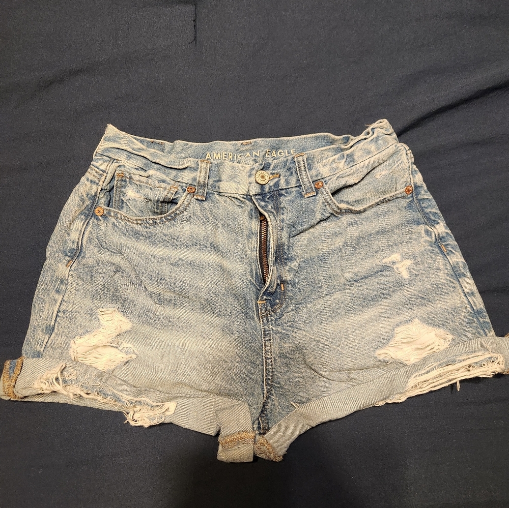 American Eagle Outfitters Women's Distressed Denim Mom Shorts - Blue